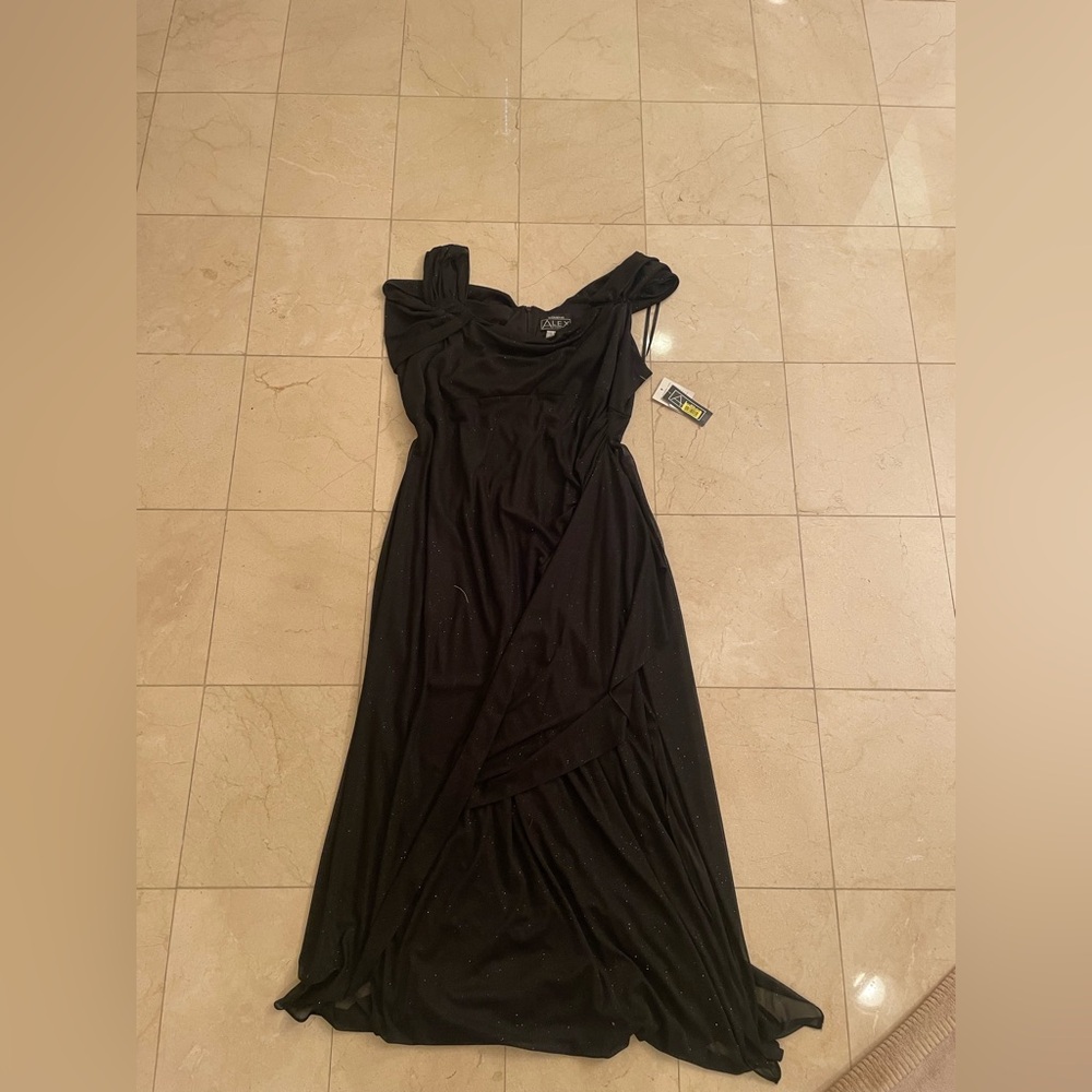 NWT Plus Cold Shoulder Glitter Mesh Dress with Draped Skirt & Cowl Neckline